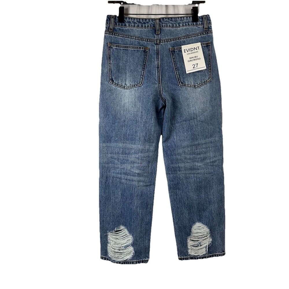 Anthropologie EVIDNT MALIBU Girlfriend Size 27 Blue Denim Shredded Hems Back Leg